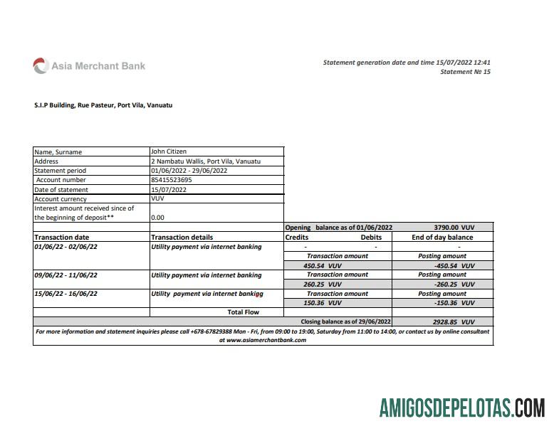 Extrato do Vanuatu Ásia Merchant Bank, modelo Excel e formato PDF